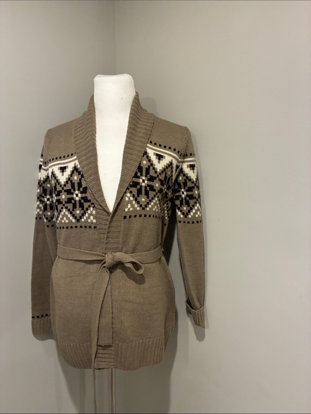 French Connection Tan Fair Isle Belted Cardigan Sweater - Picture 4 of 8